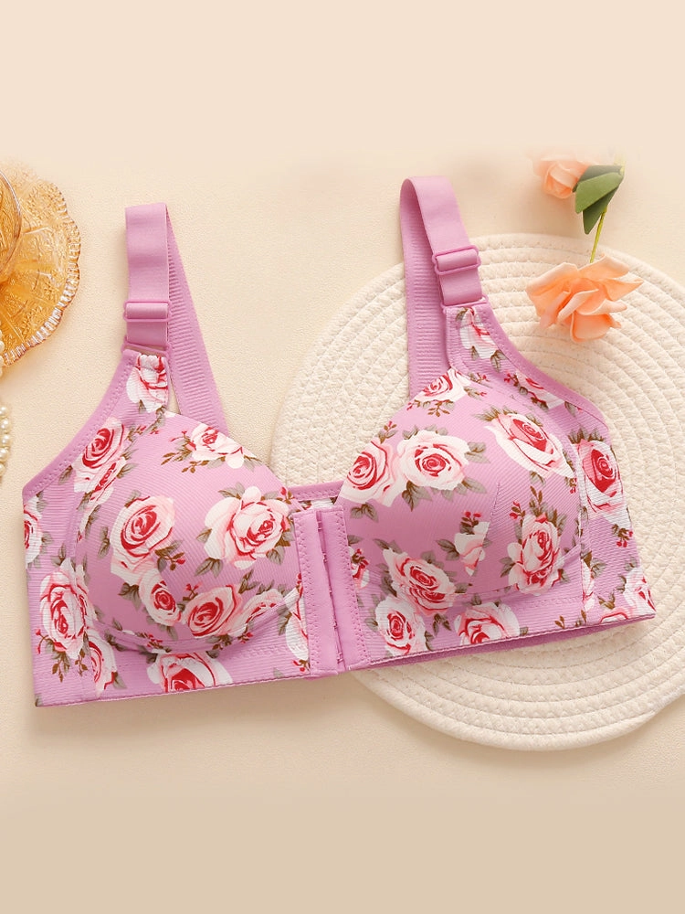 Floral Print Front Closure Wireless Bra with Adjustable Straps