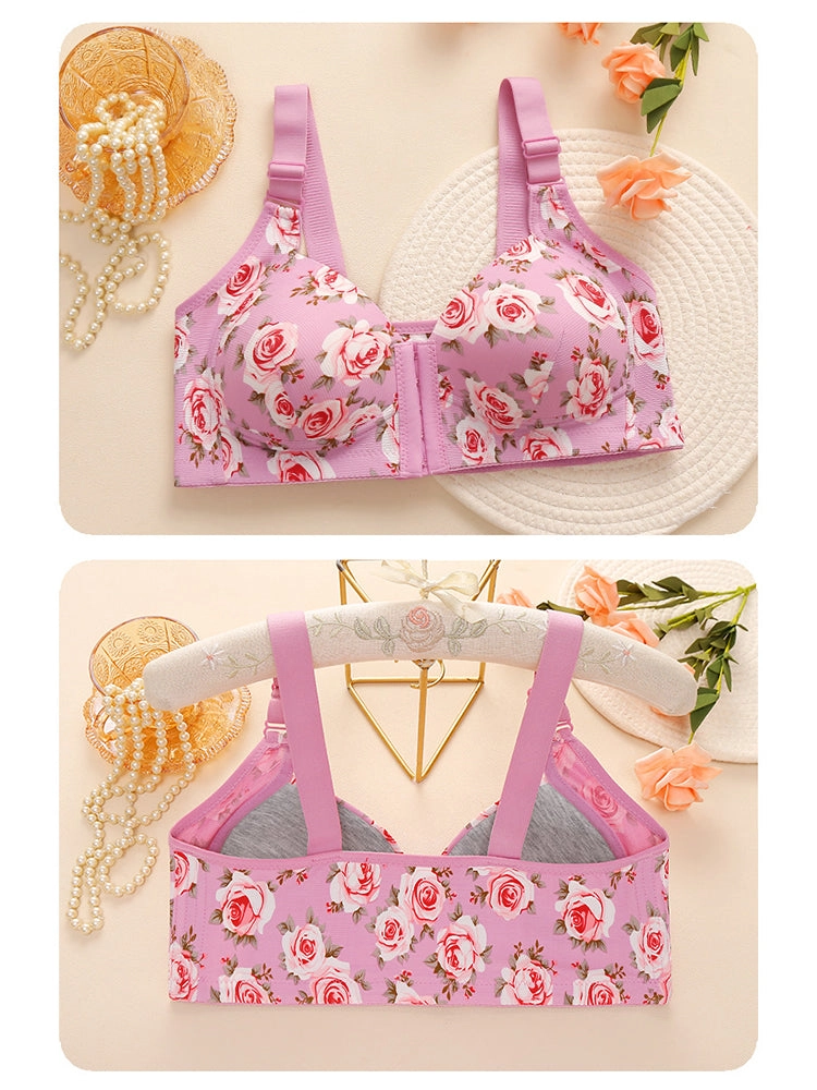 Floral Print Front Closure Wireless Bra with Adjustable Straps