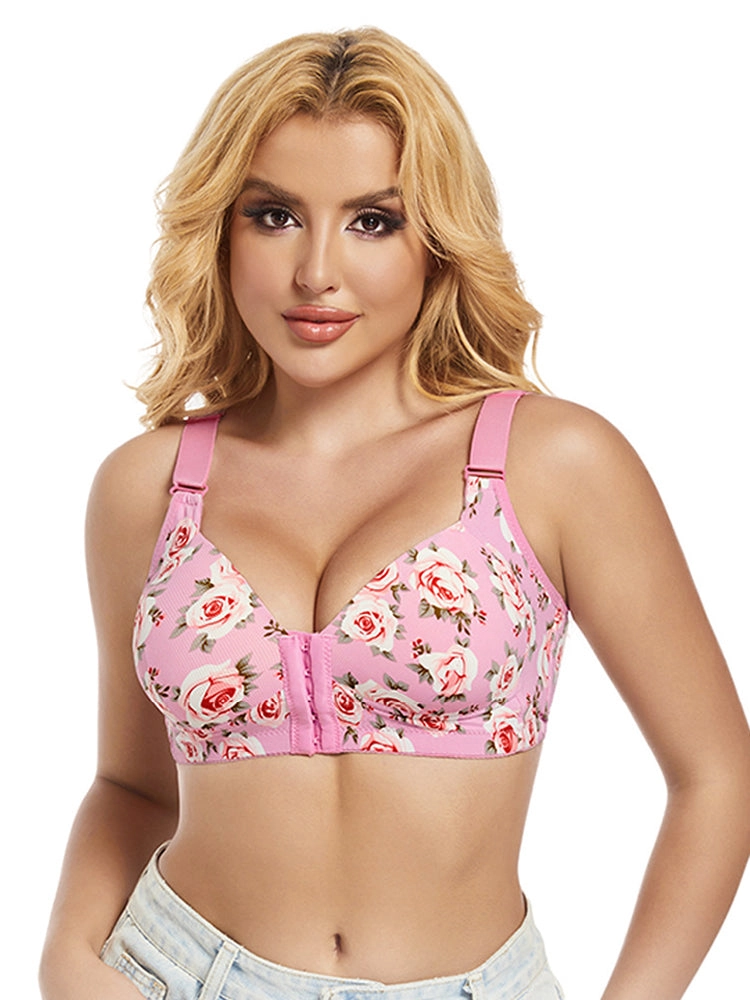 Floral Print Front Closure Wireless Bra with Adjustable Straps