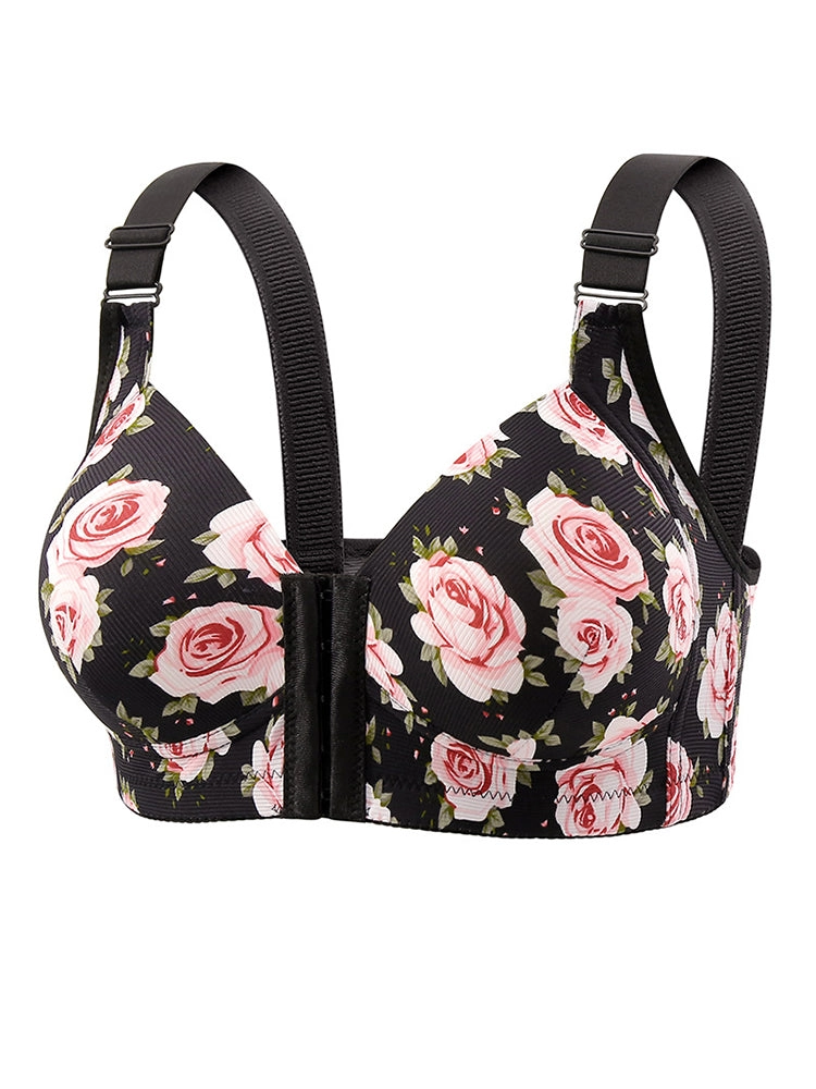 Floral Print Front Closure Wireless Bra with Adjustable Straps