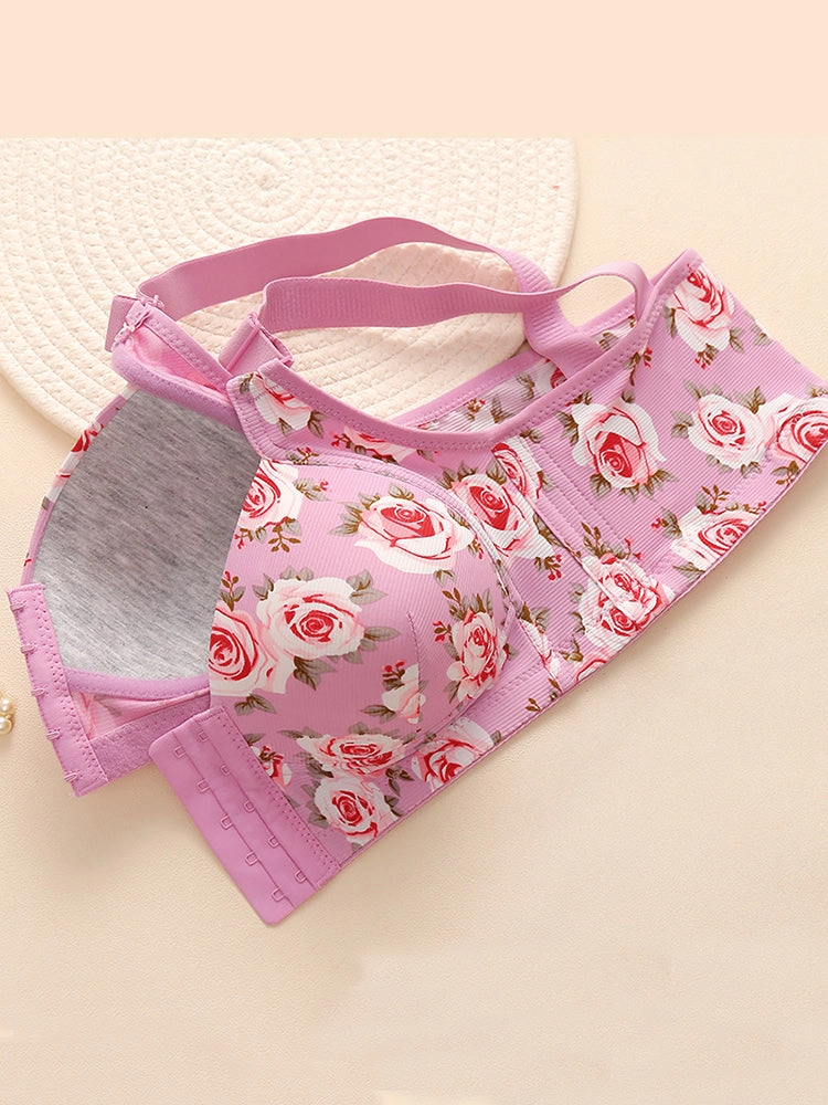 Floral Print Front Closure Wireless Bra with Adjustable Straps