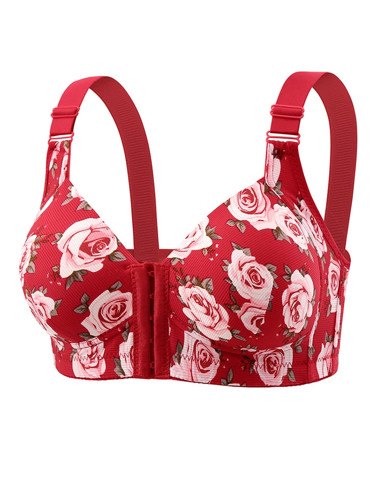 Floral Print Front Closure Wireless Bra with Adjustable Straps