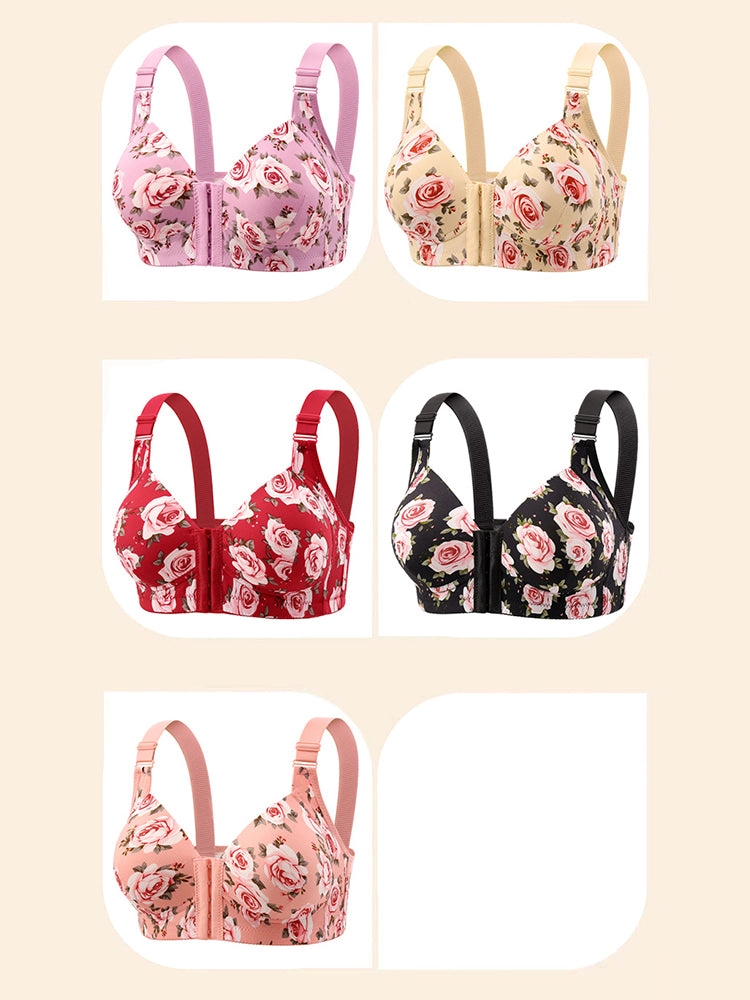 Floral Print Front Closure Wireless Bra with Adjustable Straps