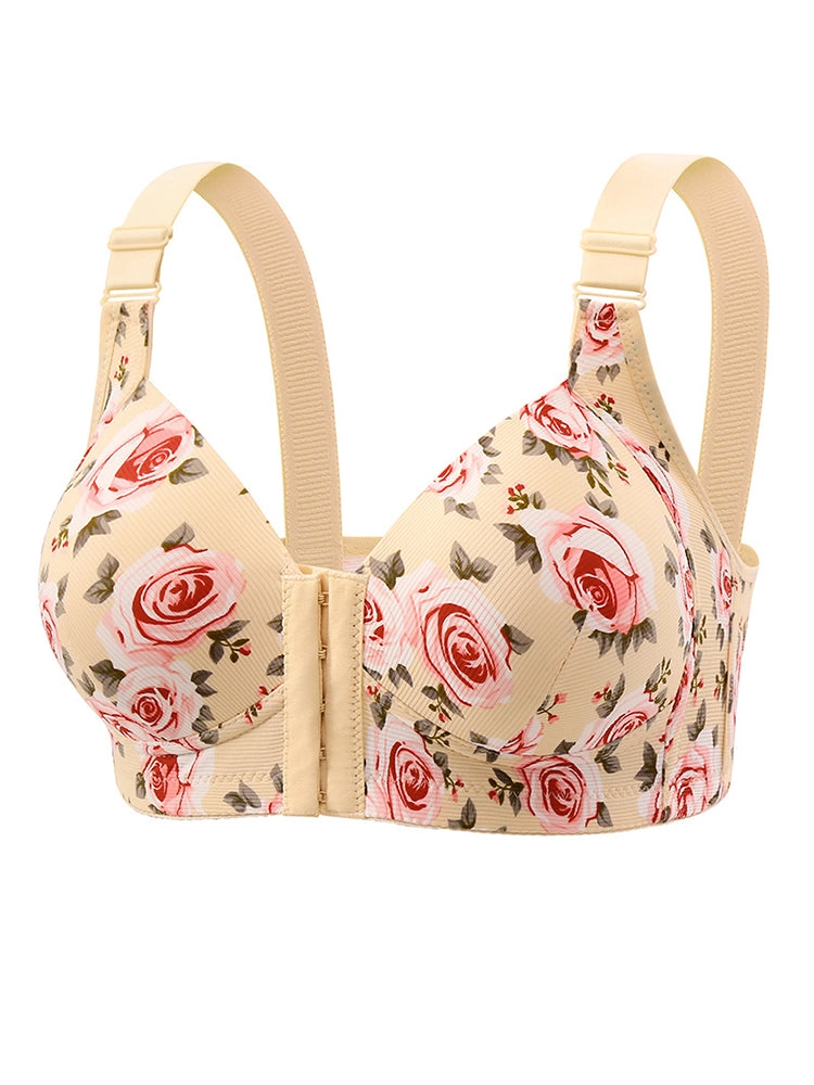 Floral Print Front Closure Wireless Bra with Adjustable Straps