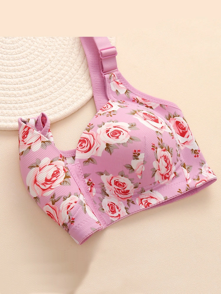 Floral Print Front Closure Wireless Bra with Adjustable Straps