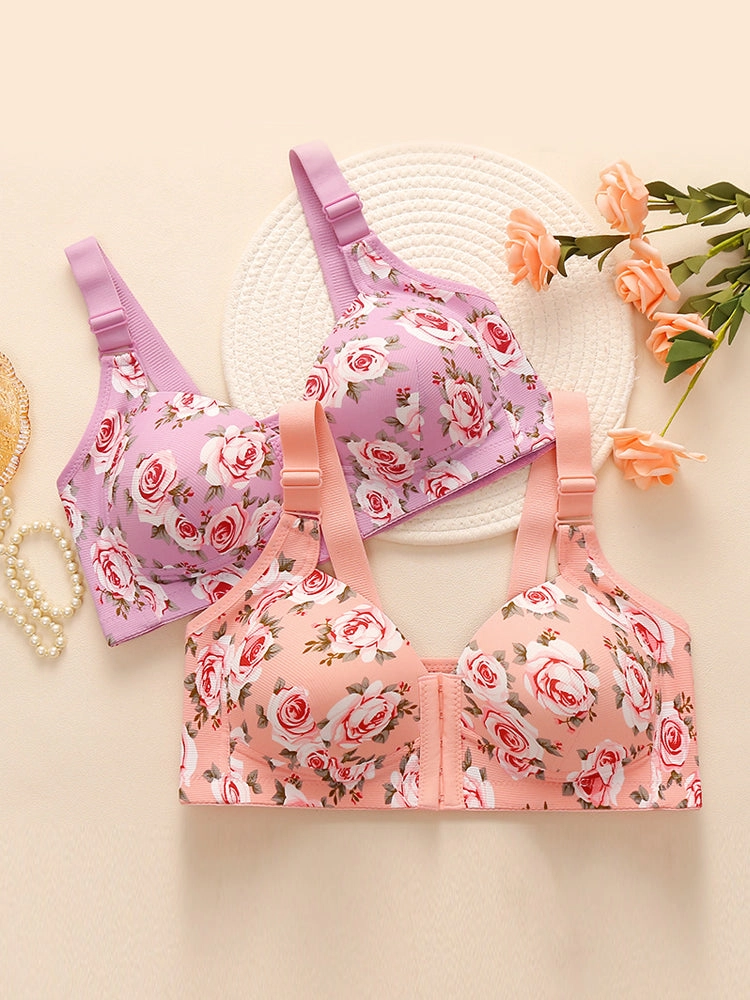 Floral Print Front Closure Wireless Bra with Adjustable Straps