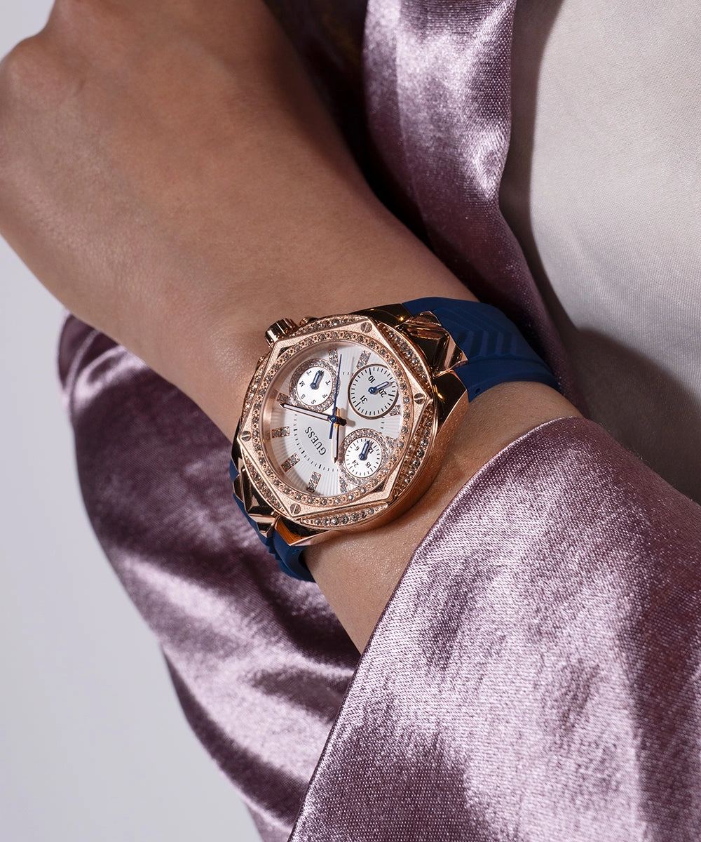 GUESS Ladies Blue Rose Gold Tone Multi-function Watch
