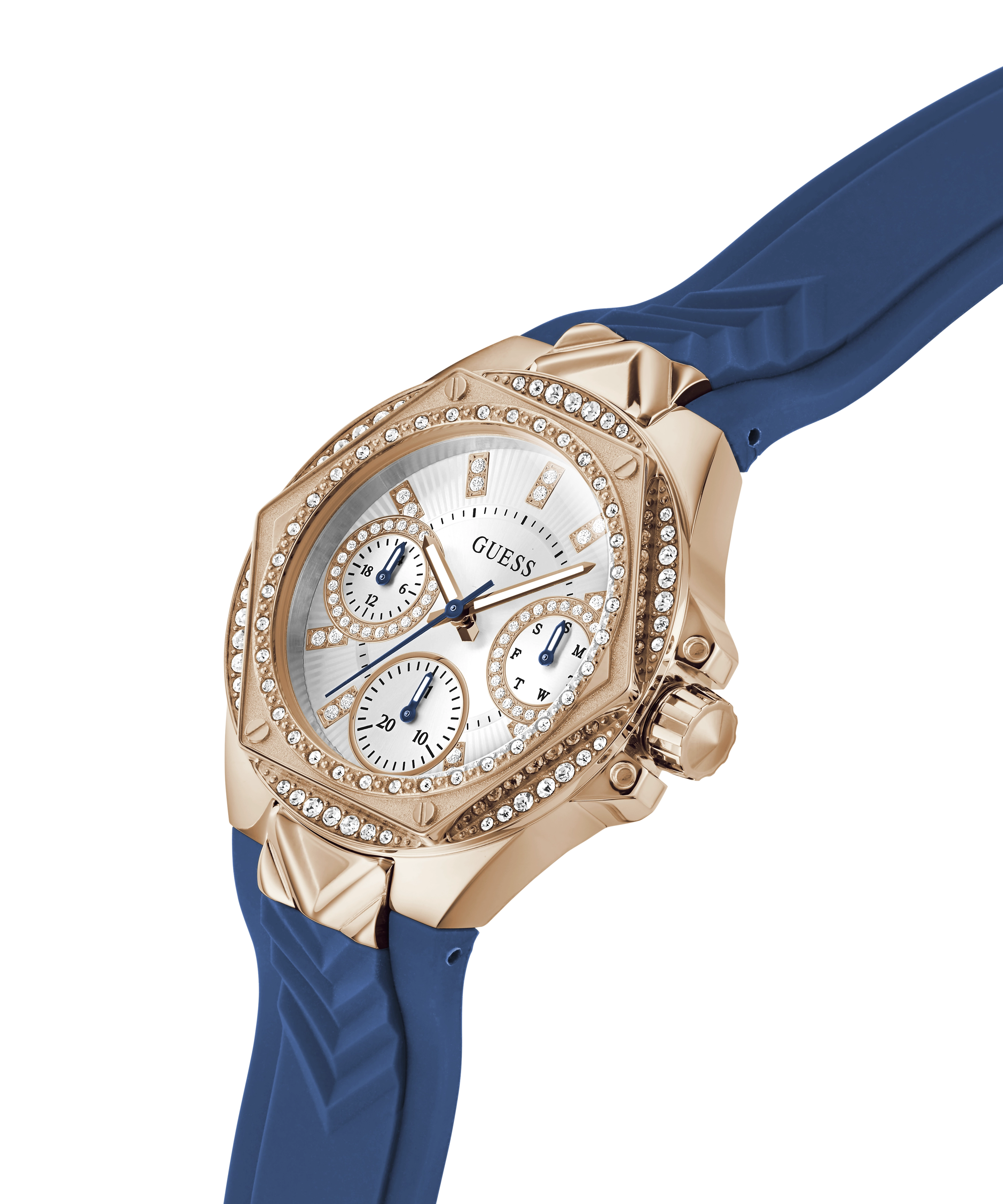 GUESS Ladies Blue Rose Gold Tone Multi-function Watch