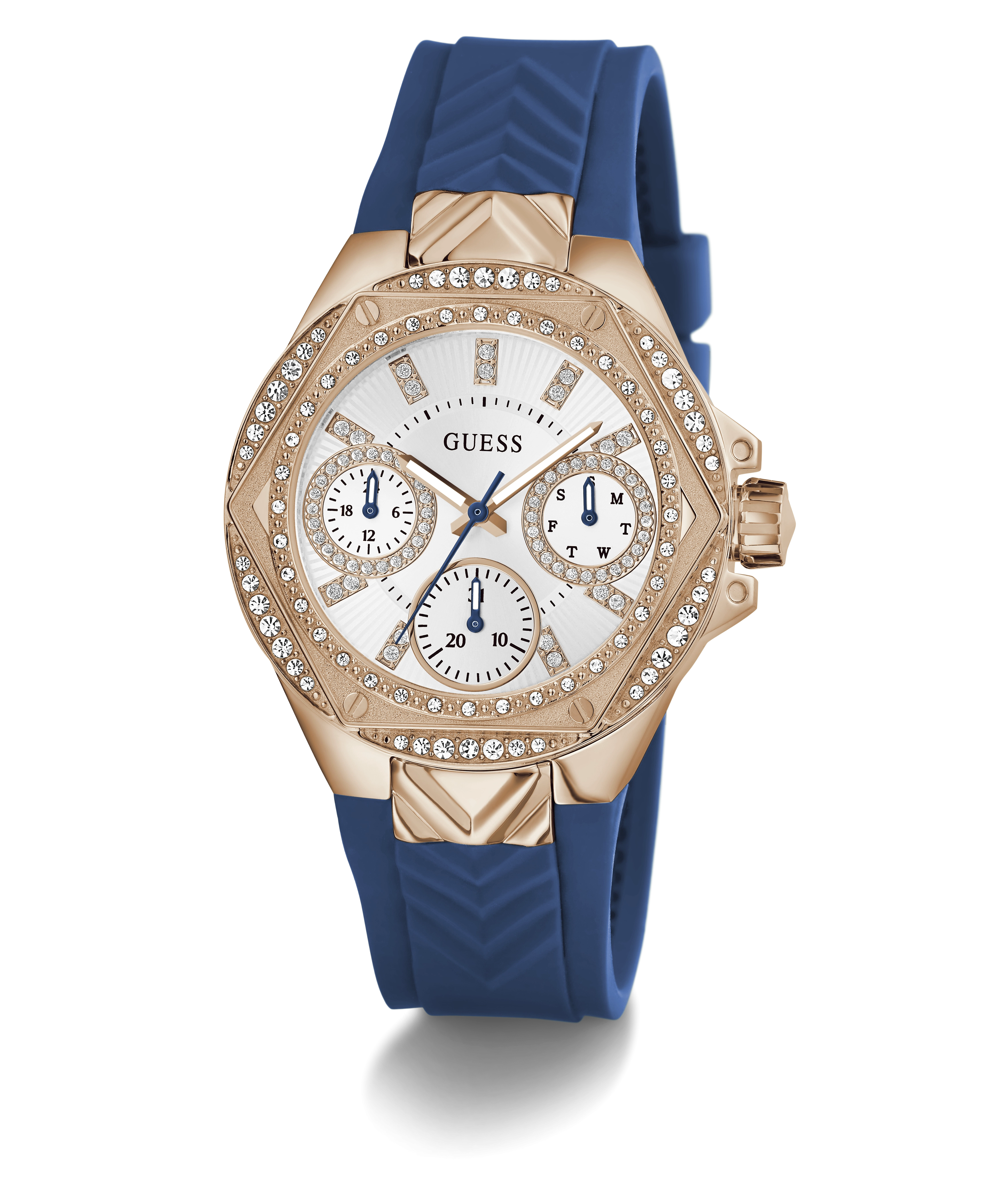 GUESS Ladies Blue Rose Gold Tone Multi-function Watch