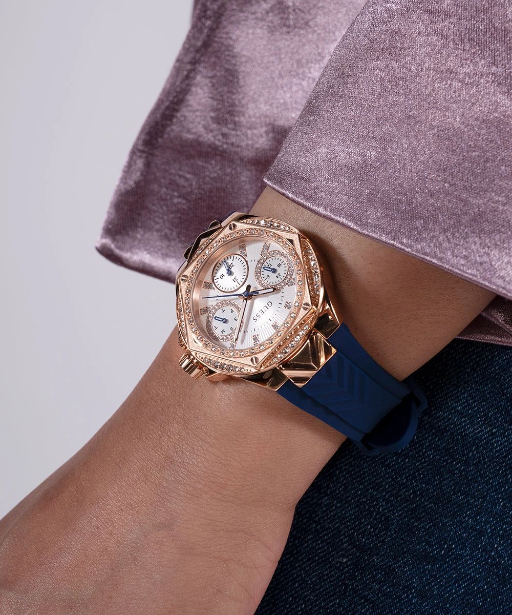 GUESS Ladies Blue Rose Gold Tone Multi-function Watch