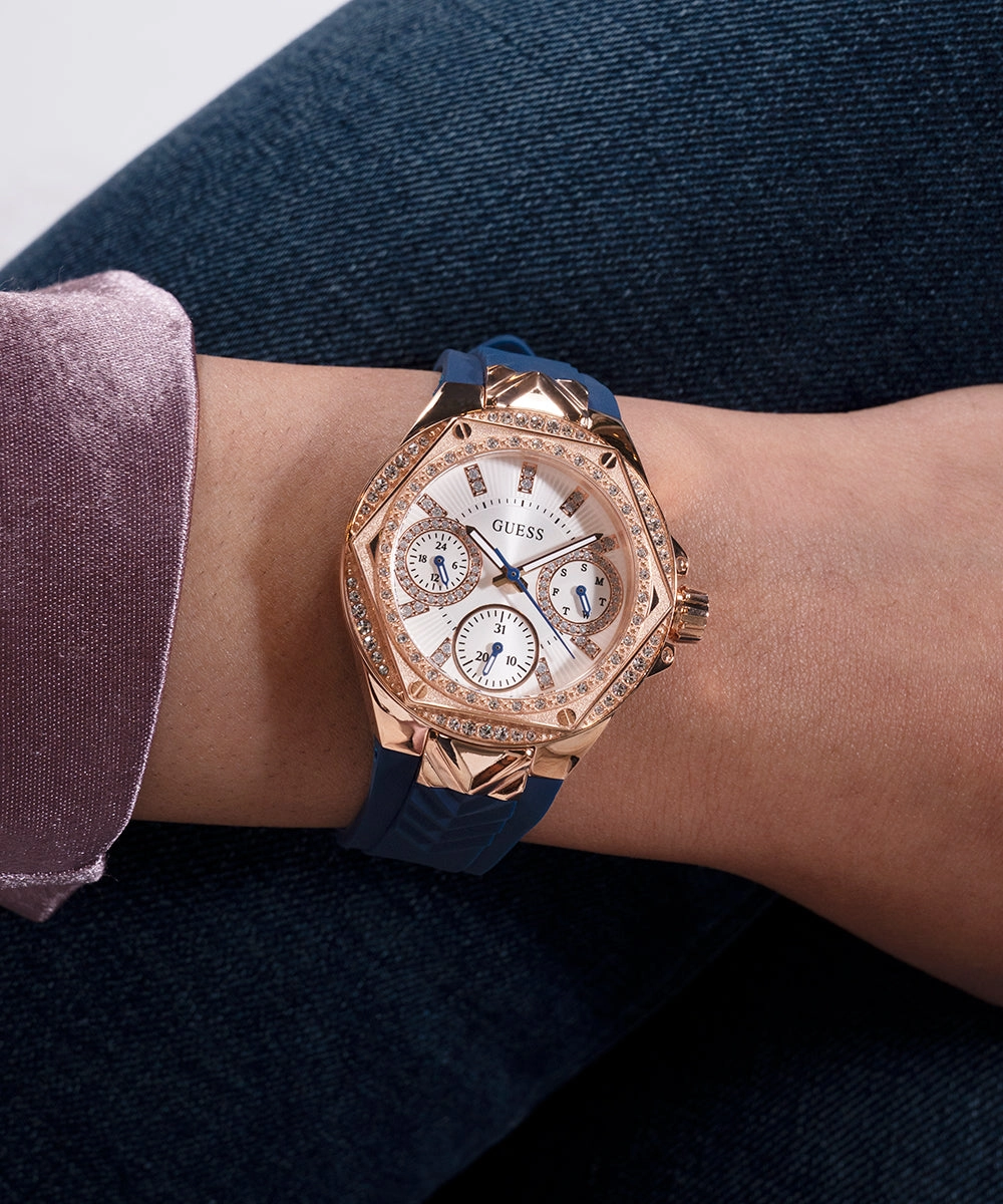 GUESS Ladies Blue Rose Gold Tone Multi-function Watch