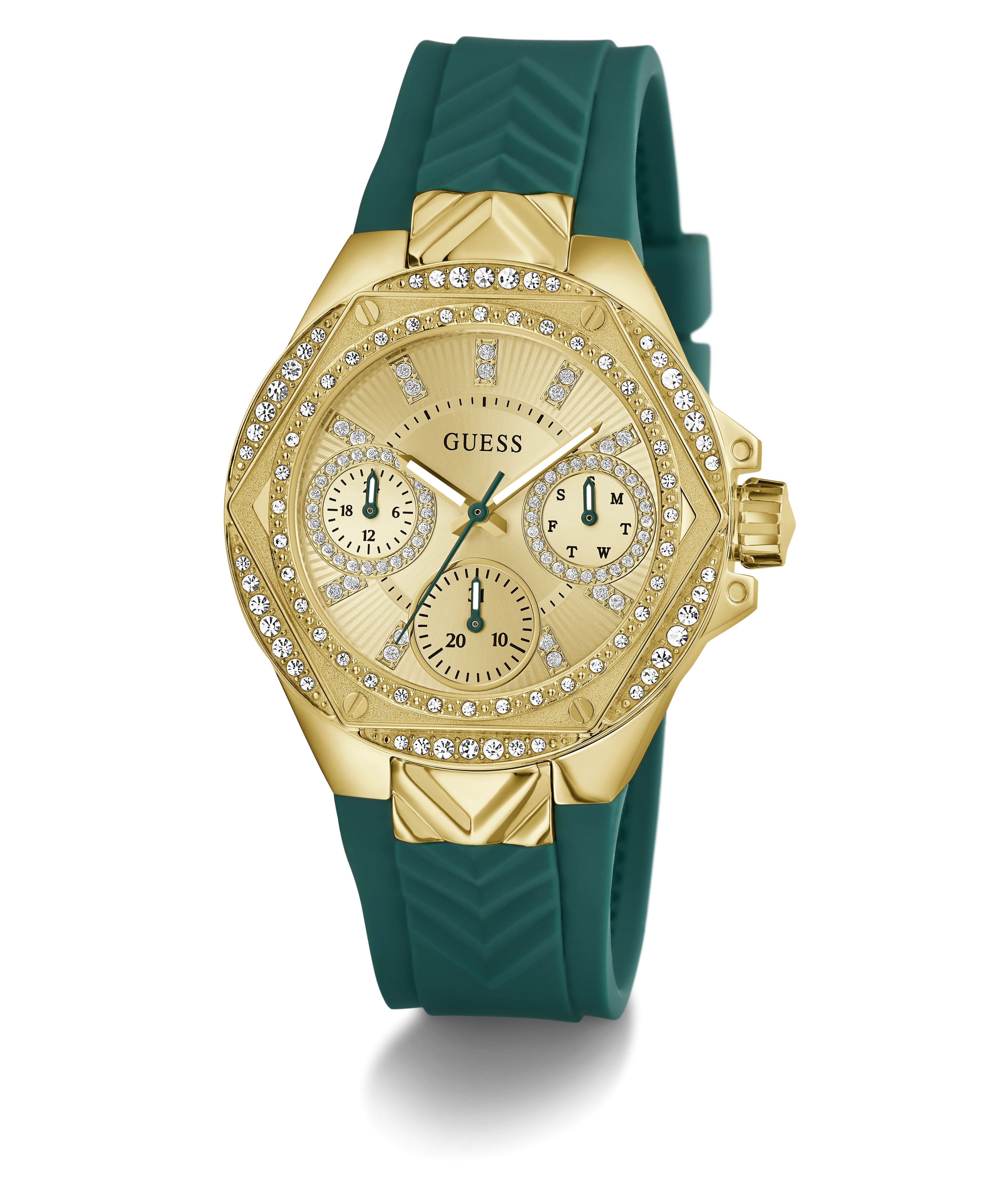 GUESS Ladies Green Gold Tone Multi-function Watch