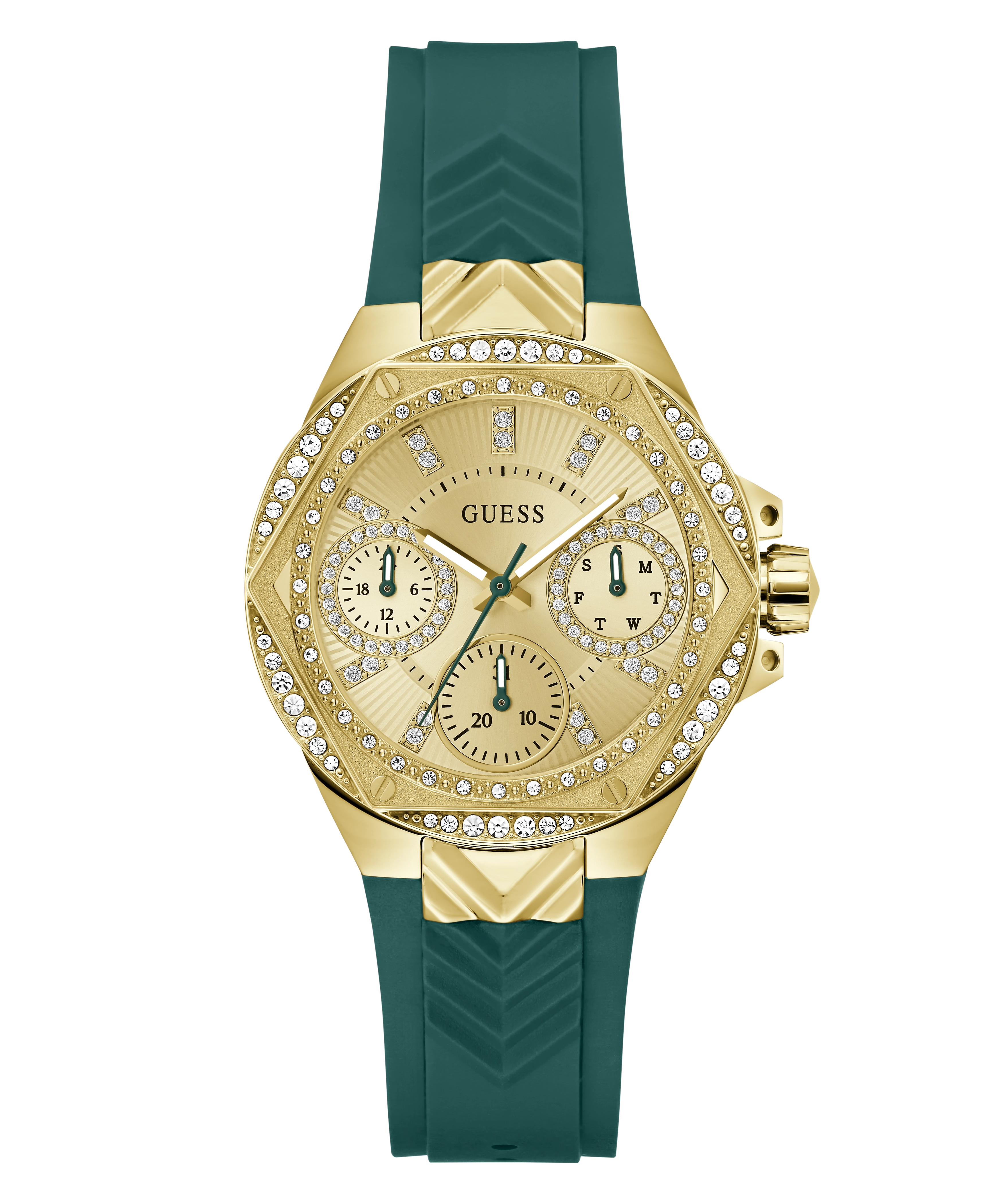 GUESS Ladies Green Gold Tone Multi-function Watch
