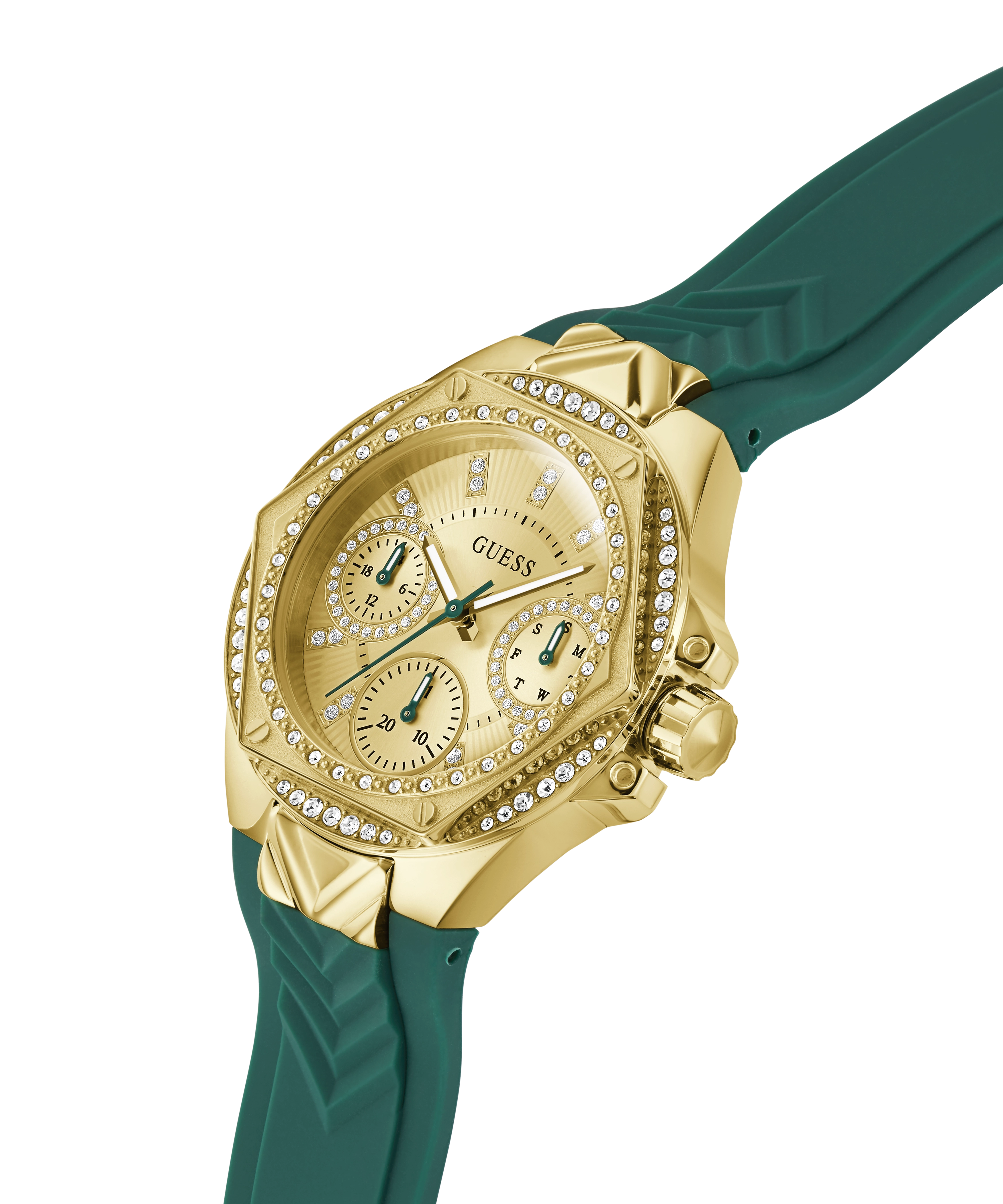 GUESS Ladies Green Gold Tone Multi-function Watch