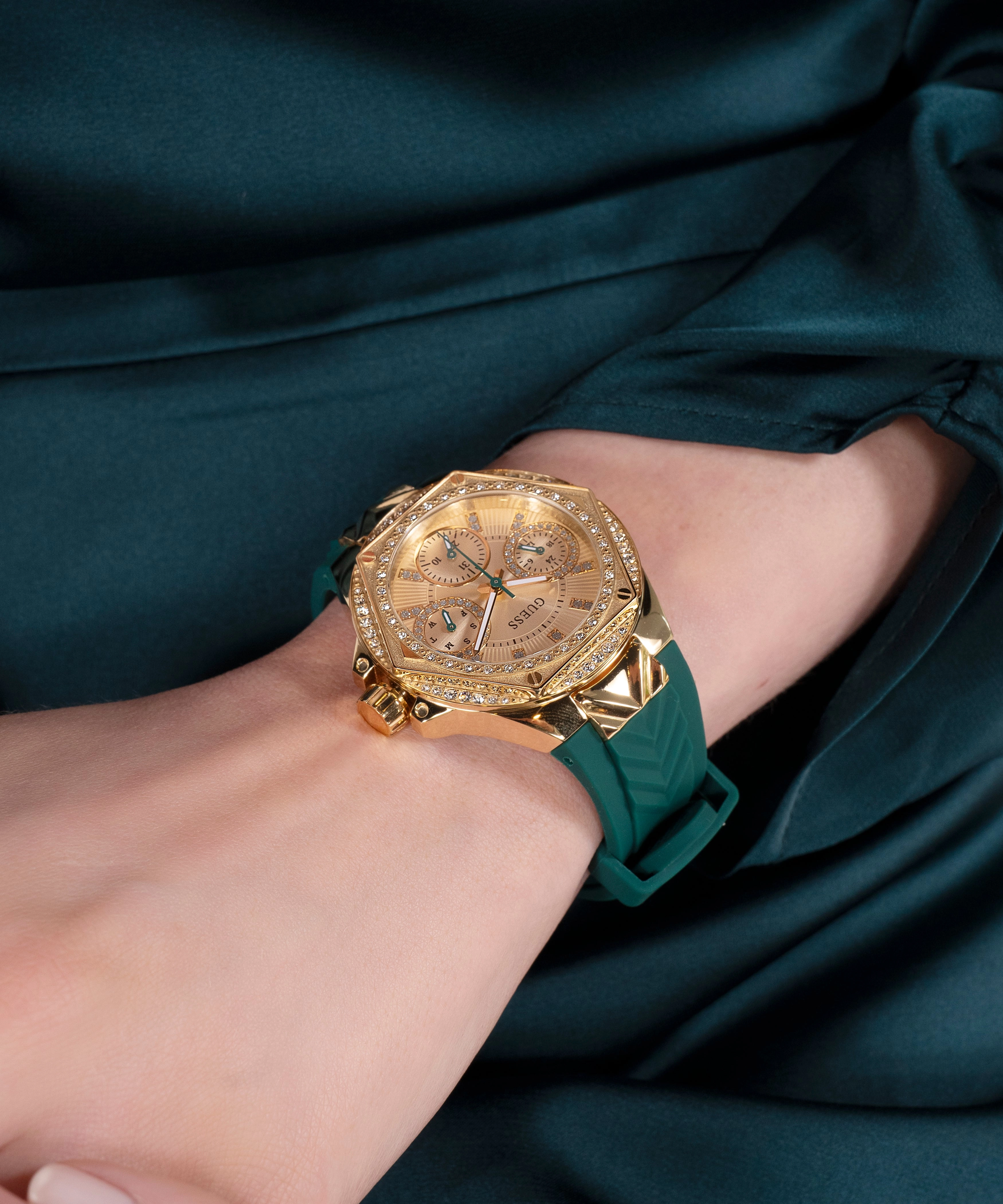 GUESS Ladies Green Gold Tone Multi-function Watch