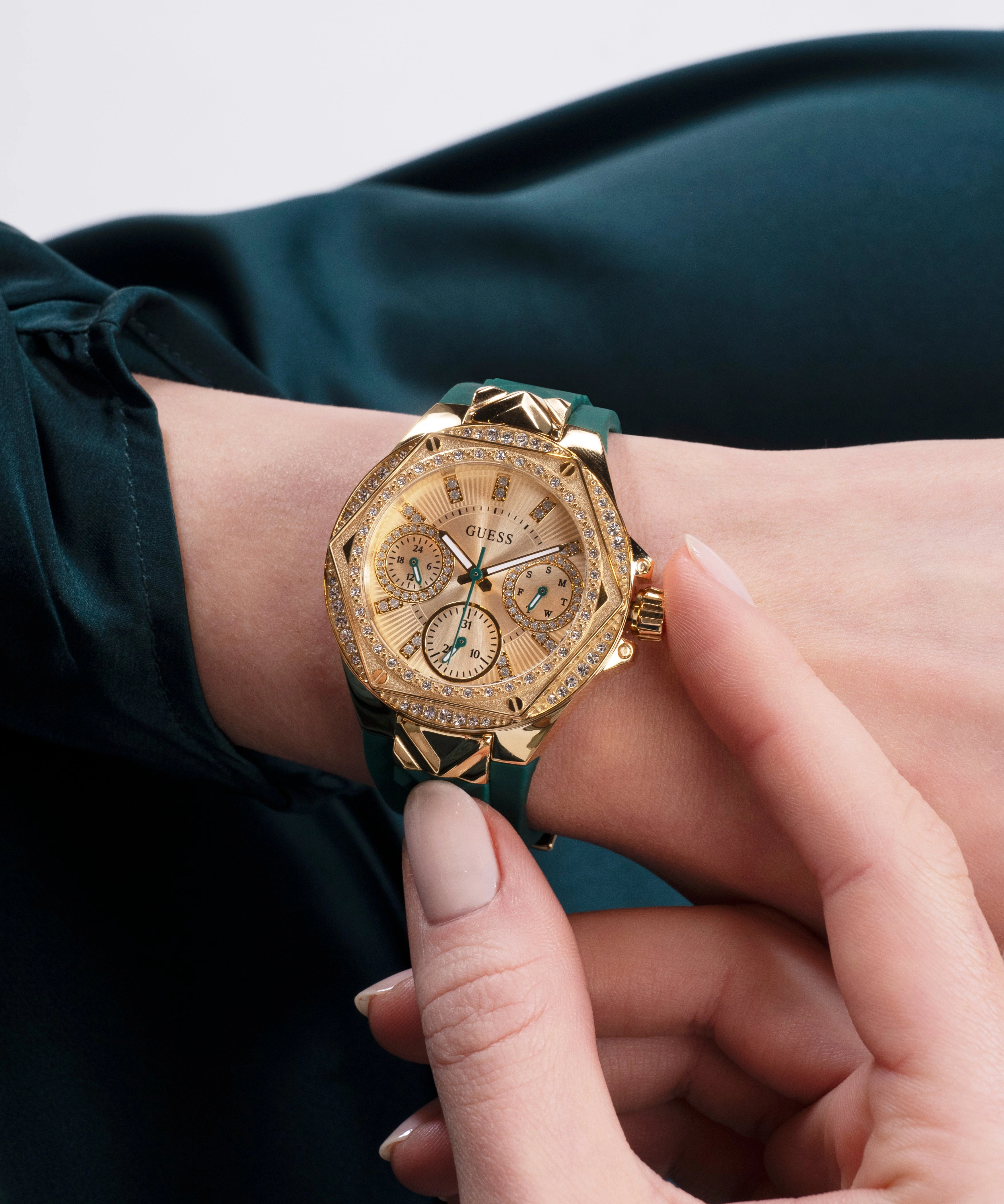 GUESS Ladies Green Gold Tone Multi-function Watch