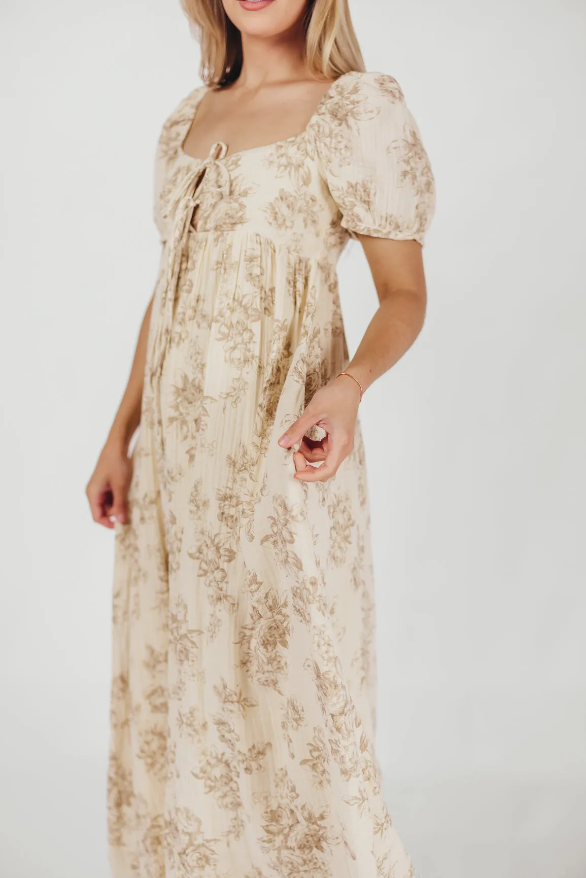Haven 100% Cotton Tie-Front Maxi Dress in Taupe/Brown Floral -Bump Friendly- PRE-ORDER