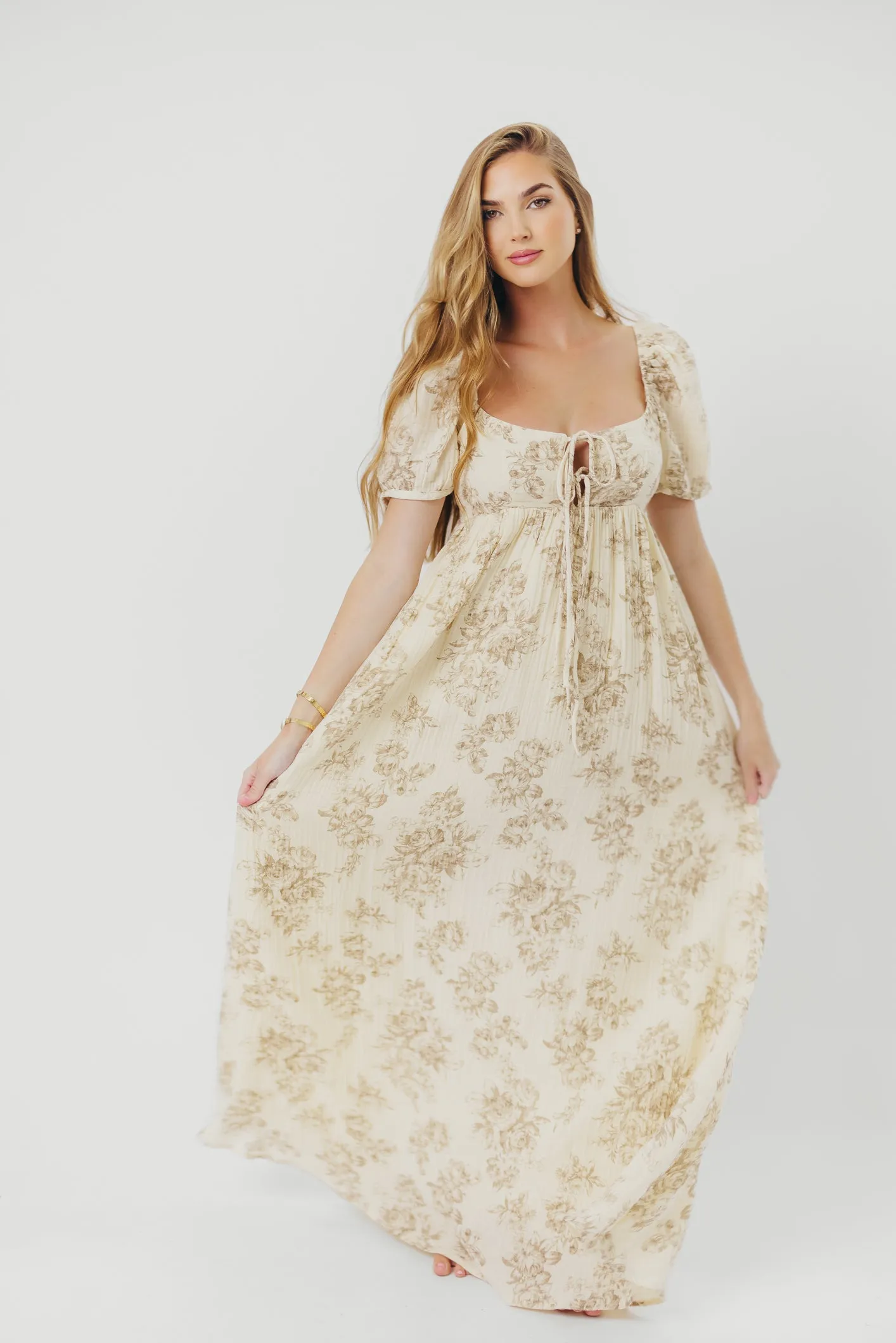 Haven 100% Cotton Tie-Front Maxi Dress in Taupe/Brown Floral -Bump Friendly- PRE-ORDER