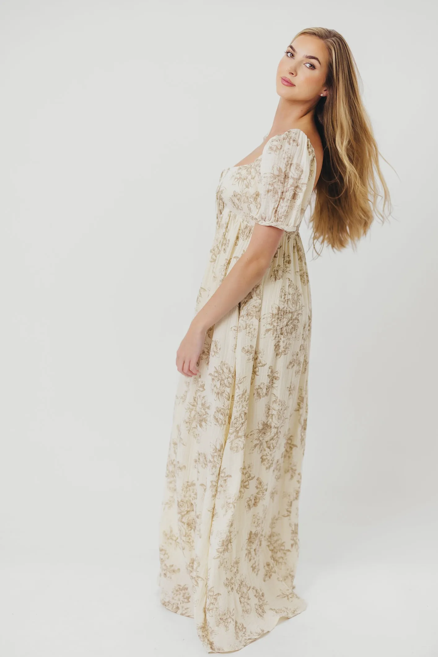 Haven 100% Cotton Tie-Front Maxi Dress in Taupe/Brown Floral -Bump Friendly- PRE-ORDER