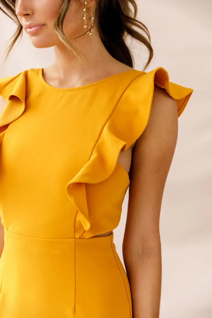 Jackie Wide Ruffle Hem Pinafore Dress Mustard