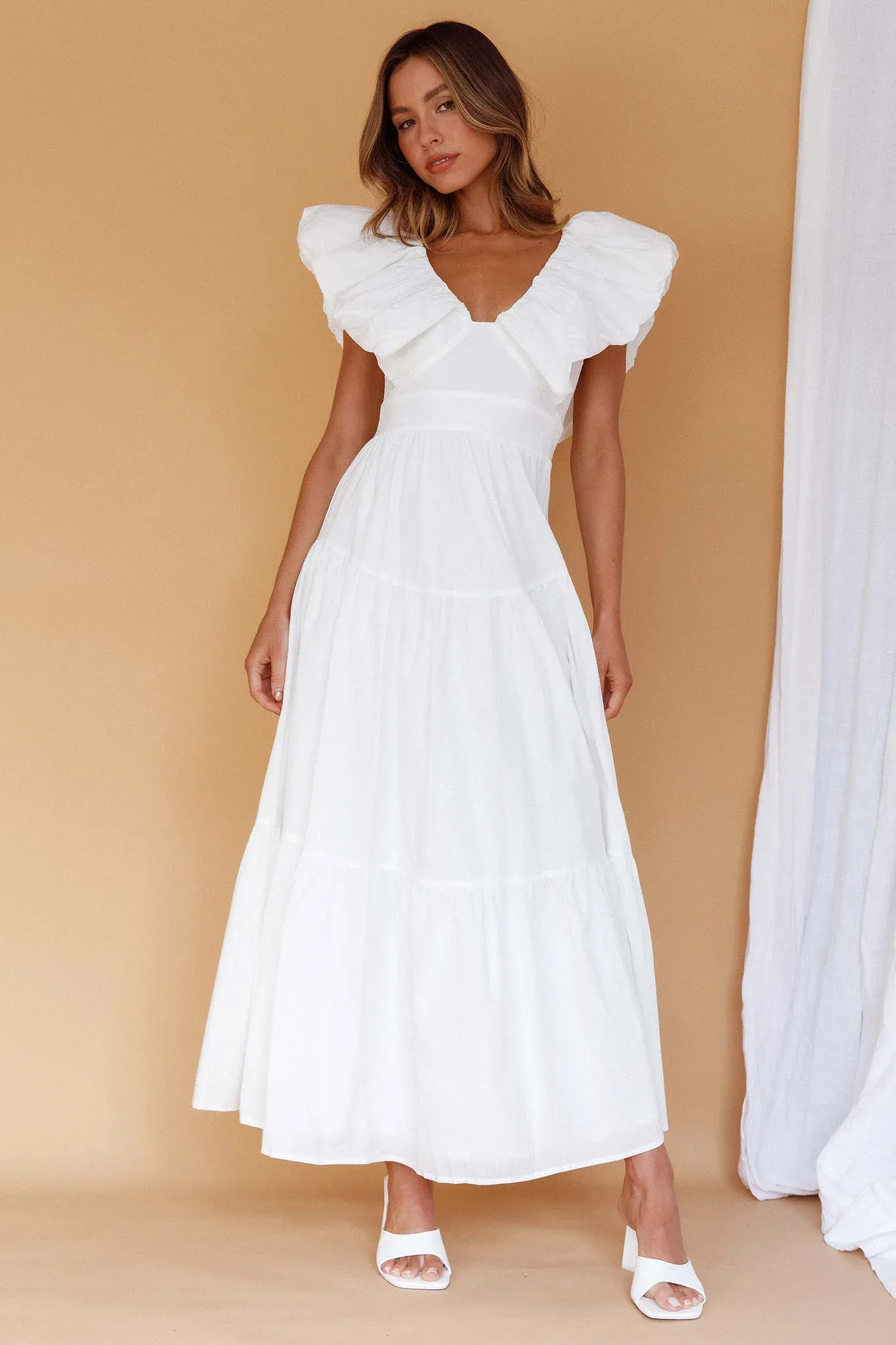 Kahlo Puffed Ruffle Neckline Maxi Dress White