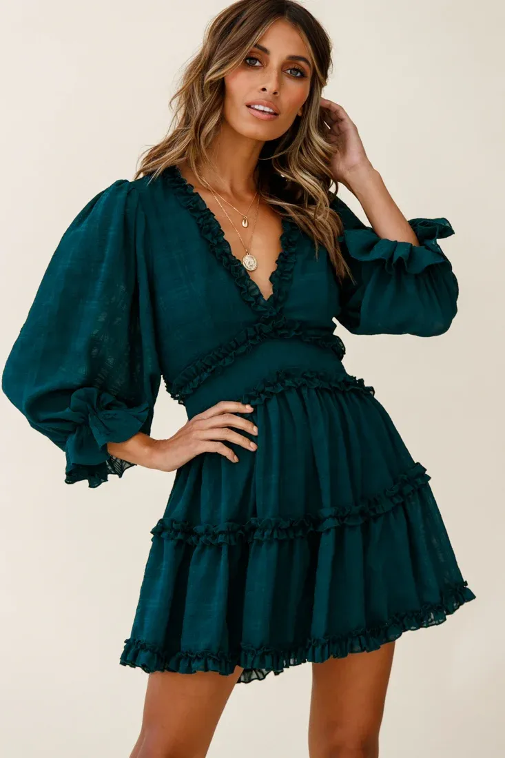 Laney Cutout Back Balloon Sleeve Dress Forest Green
