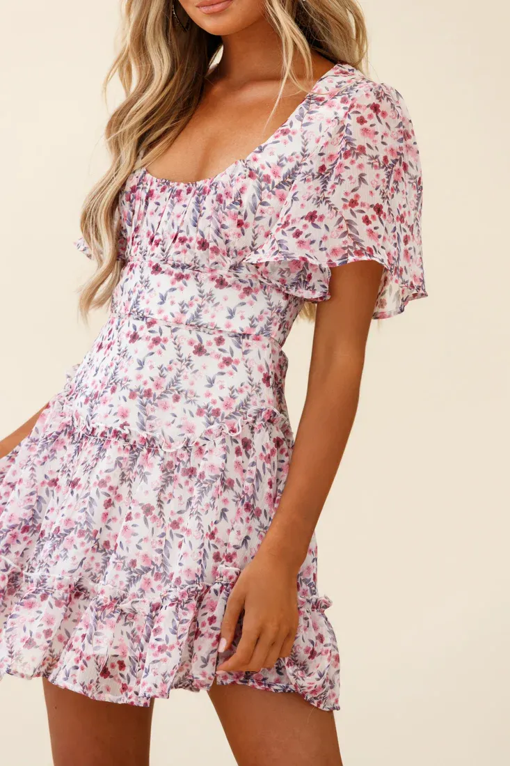Stolen Moments Angel Sleeve Ruffle Dress Floral Print Pink Multi