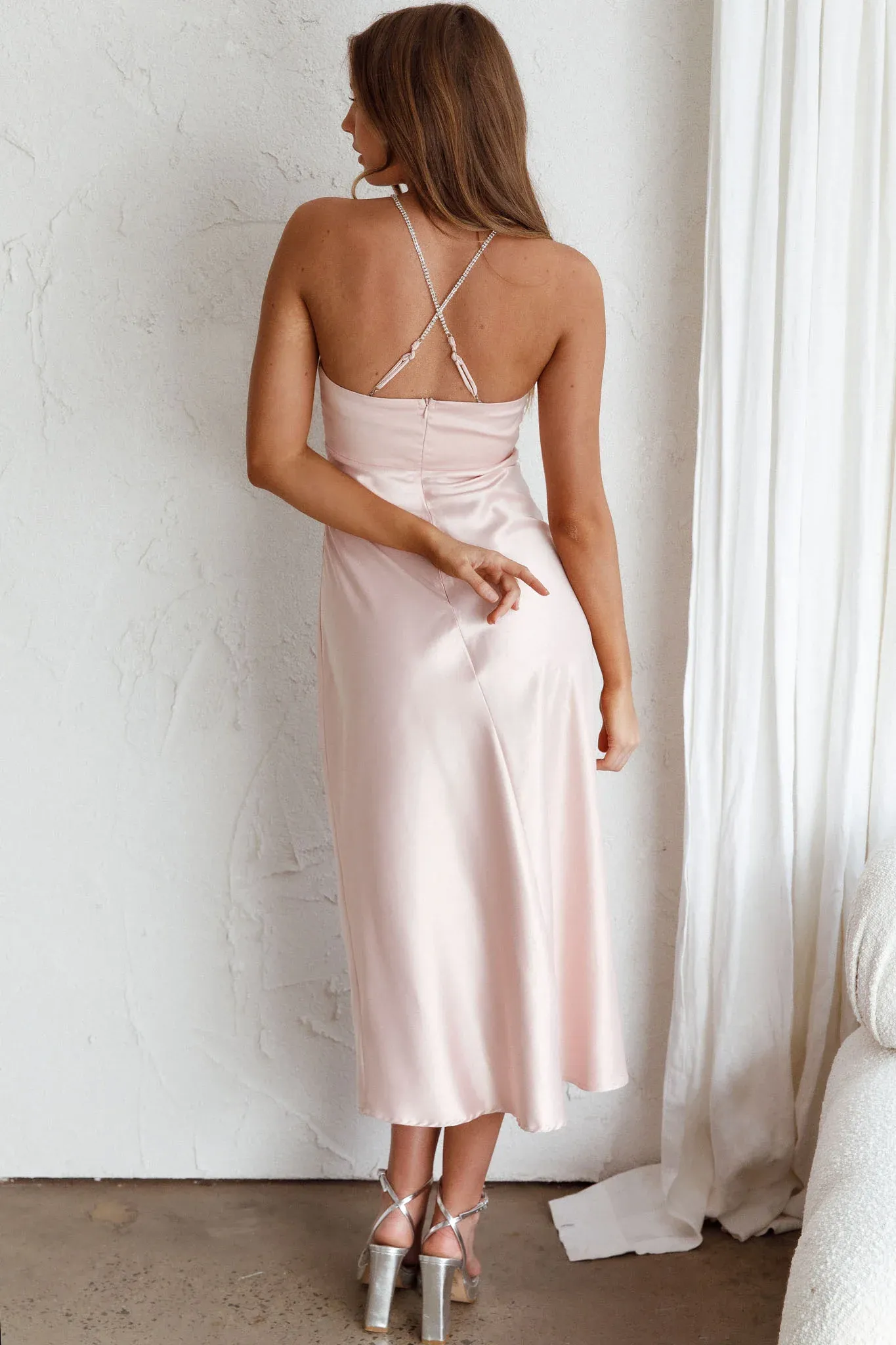 Venetia Diamante Strap Midi Dress Blush