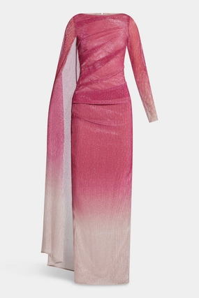 Voile One Shoulder Cape Evening Gown in Pink
