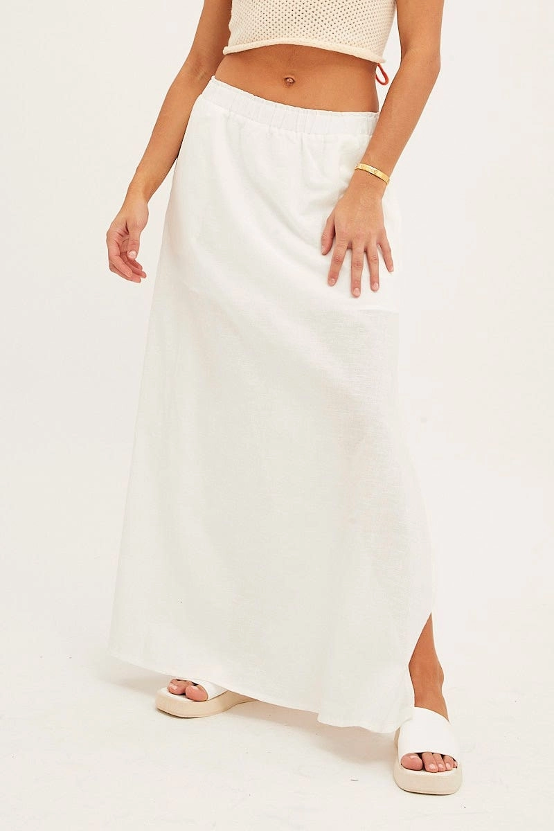 White Maxi Skirt Linen Blend Side Split
